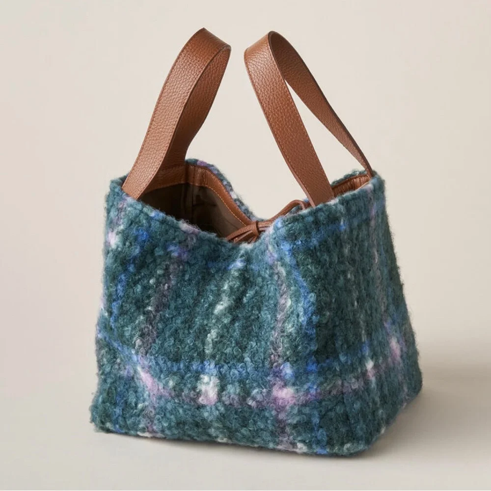 SUNDANCE CATALOG Maple Glen Teddy Tote in Plaid Blue, MSRP $148.00 - Picture 1 of 9